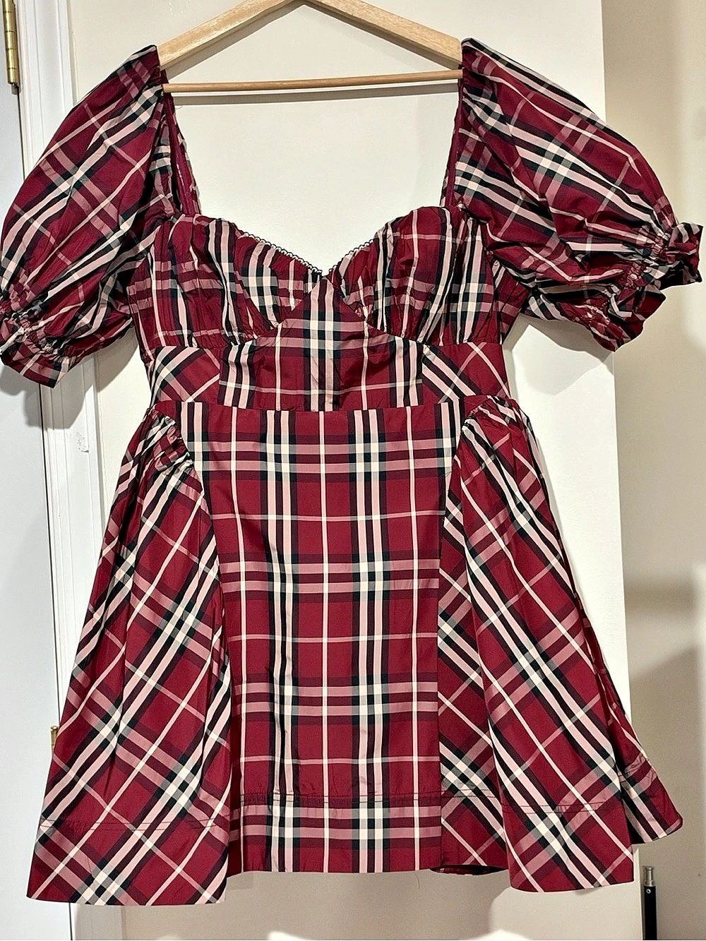 Anthropologie Maeve Puff Sleeve Burgundy Plaid Mini Dress XL - Picture 4 of 10